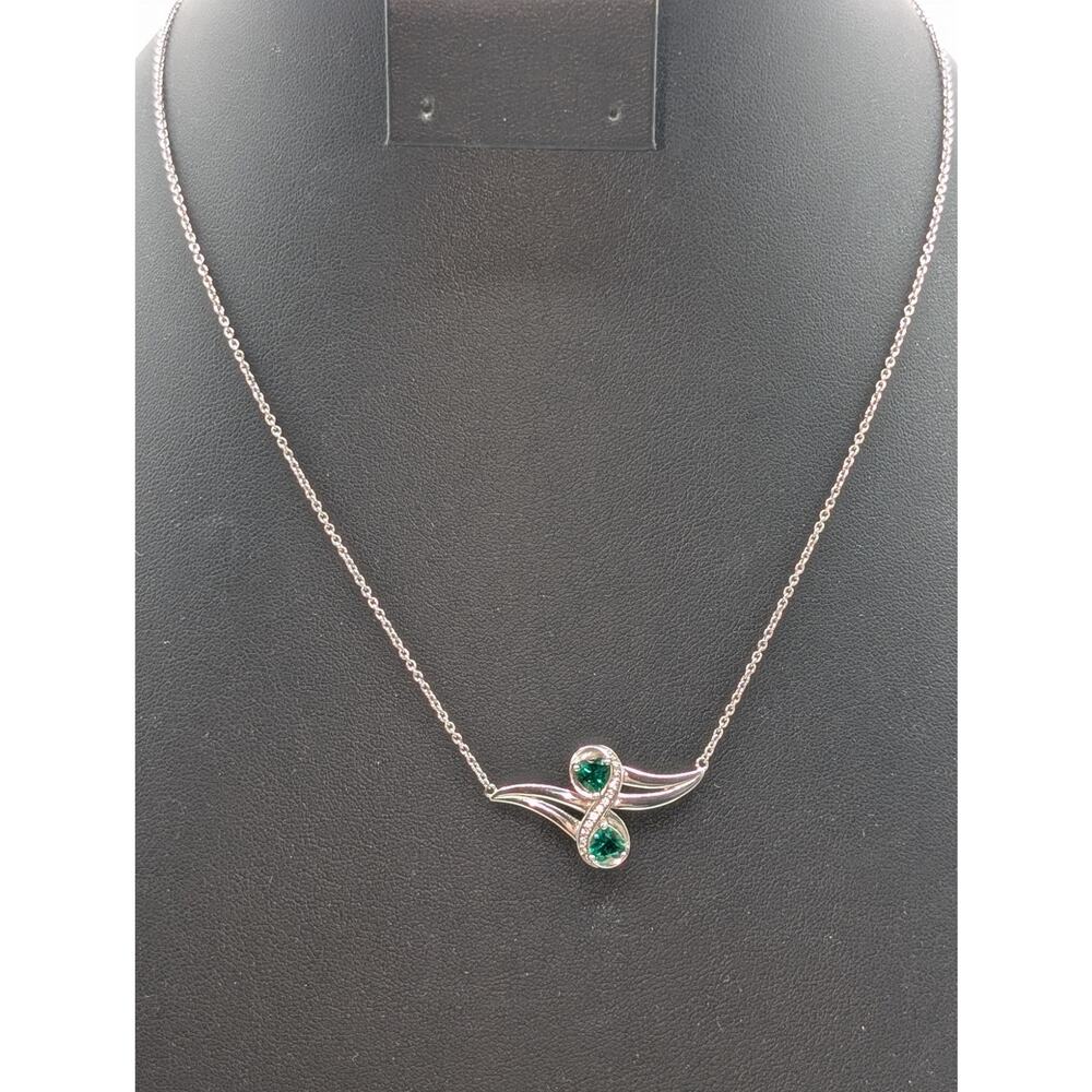 Green Zirconia White Created Sapphire 925 Sterling 2 Heart Infinity Necklace